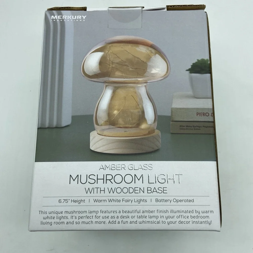 Merkury Amber Glass Mushroom Light Fairy Lamp Wooden Base Cottagecore Decor